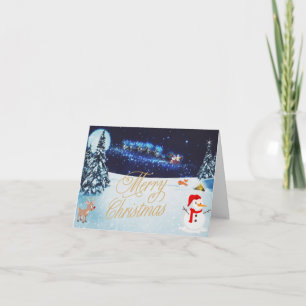 Tarjeta Navidad en el bosque con trineo de Santa, muñeco d
