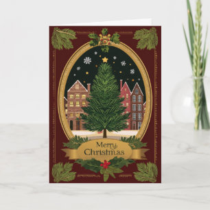 Tarjeta Navidad en el Pueblo Europeo y el Árbol Ovalado