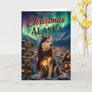Tarjeta Navidad en la aldea invernal de Husky en Alaska de