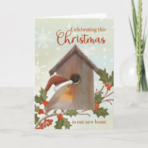 Tarjeta Navidad en Nuevo Hogar Pájaro y Casa de Pájaros