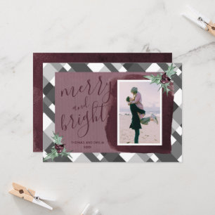 Tarjeta Navidad Familiar con Foto en Tartán Gris y Ciruela