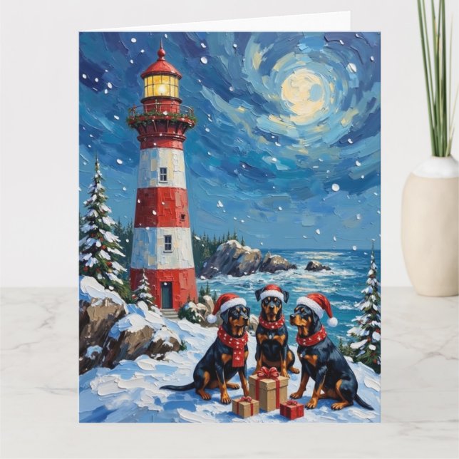 Tarjeta Navidad Faro Rottweiler Fiesta (Anverso)