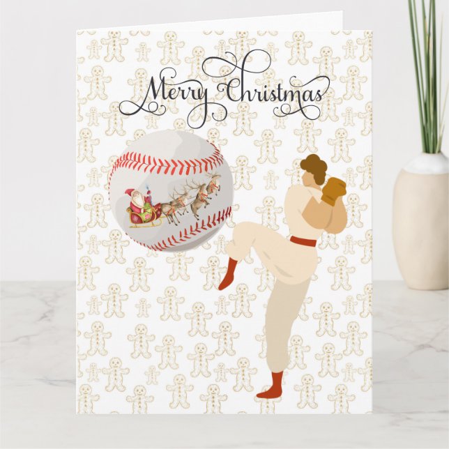 Tarjeta Navidad Feliz de Béisbol con Jugador y Santa (Anverso)
