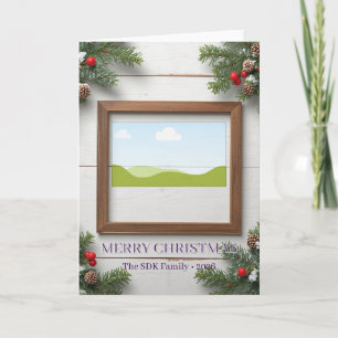 Tarjeta Navidad Foto Familiar Rustica de Madera Piña y Bay