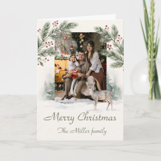 Tarjeta Navidad Foto Personalizada Ciervo Aquarela Minimal