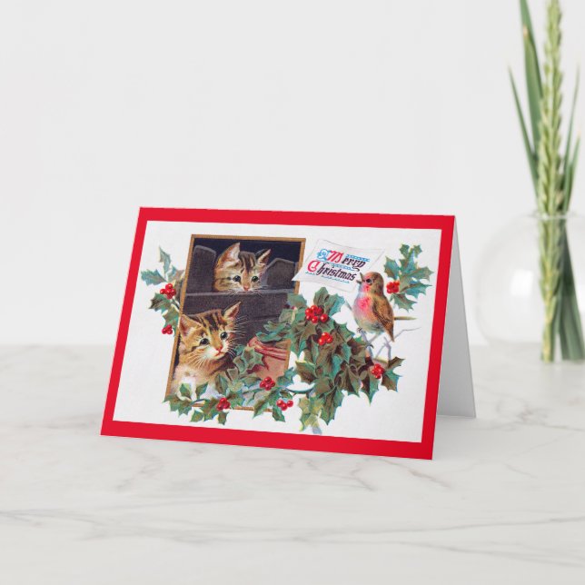 Tarjeta Navidad, gatito de Xmas y pajarito (Anverso)