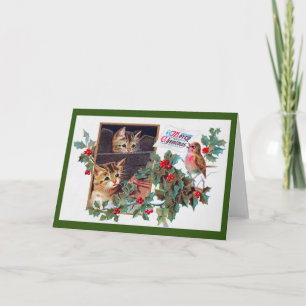 Tarjeta Navidad, gatito de Xmas y pajarito