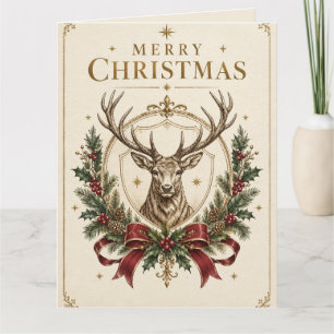 Tarjeta Navidad heráldica elegante, cresta de ciervo y ace