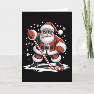 Tarjeta Navidad Hockey Santa Jugando Deporte Patinaje Cara