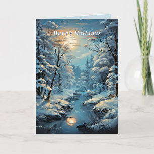 Tarjeta Navidad Invierno País Bosque Río Luna Llena