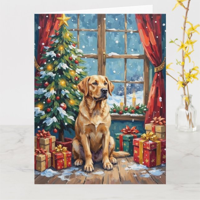Tarjeta Navidad Labrador Bajo El Árbol (flor amarilla)