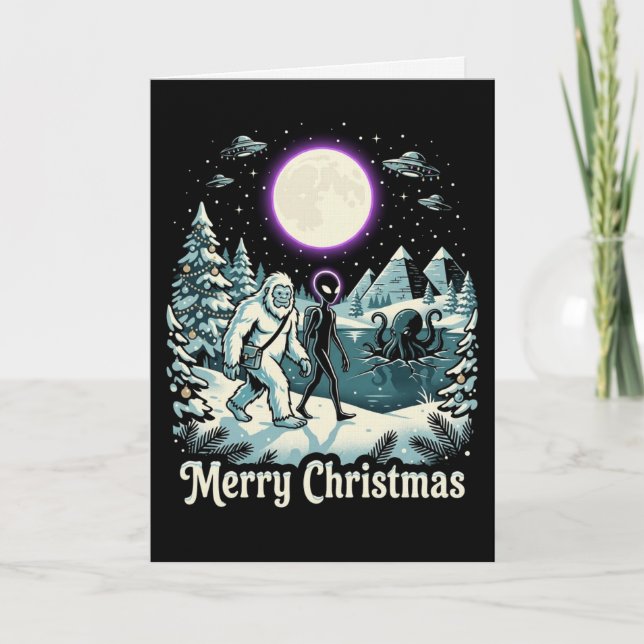 Tarjeta Navidad Misteriosa de Criptido Alien Bigfoot Fiest (Anverso)