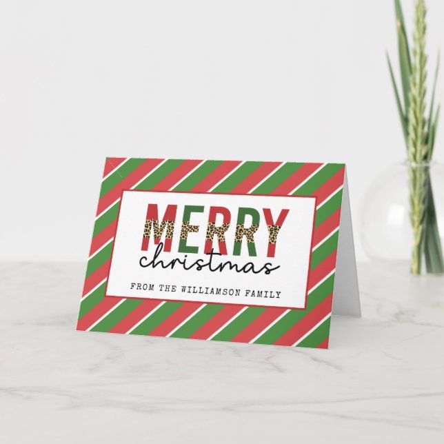 Tarjeta Navidad Moderna Estampado de Leopardo Rojo Verde R (Anverso)