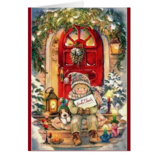 Tarjeta Navidad muchacho y perro del vintage