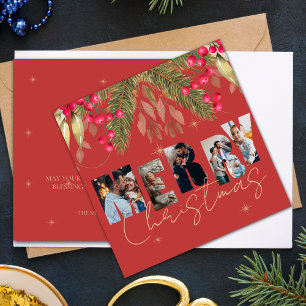 Tarjeta navidad multifoto roja de oro