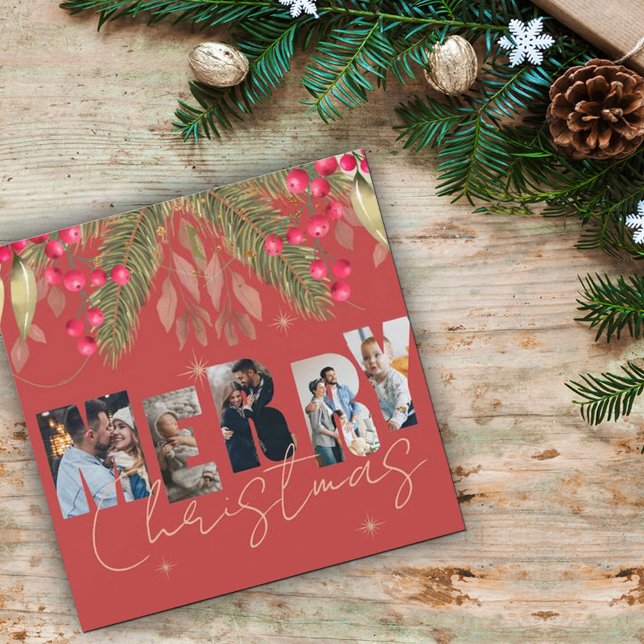 Tarjeta navidad multifoto roja de oro (Subido por el creador)