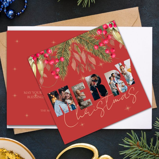 Tarjeta navidad multifoto roja de oro (Merry Christmas Multi Photo Red Gold Holiday Card)