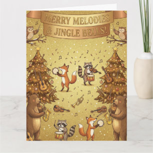 Tarjeta Navidad Musical Dorada   Animales y Música