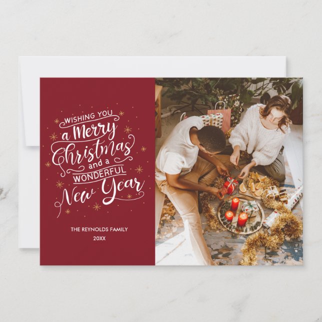 Tarjeta navidad navideña de fotos de familia roja (Anverso)