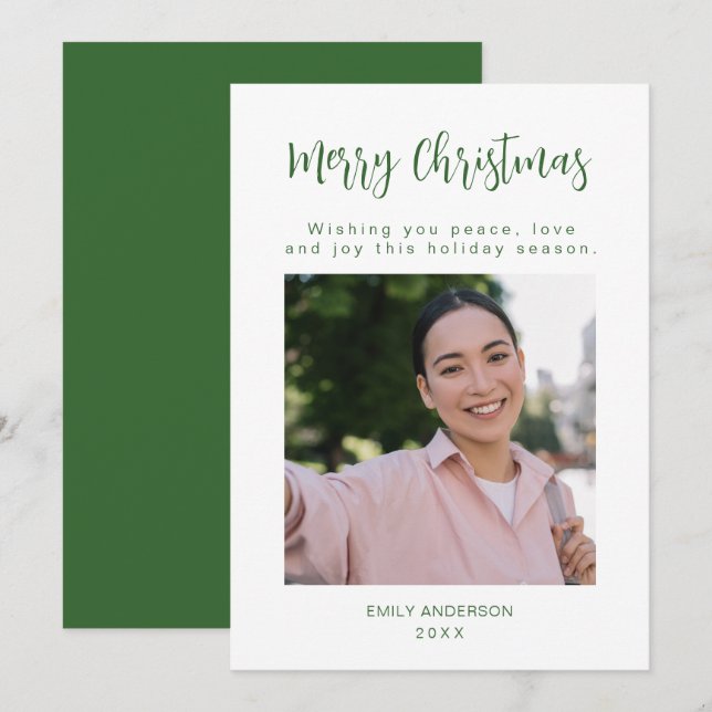 Tarjeta navidad navideña de fotos de familia verde (Anverso / Reverso)