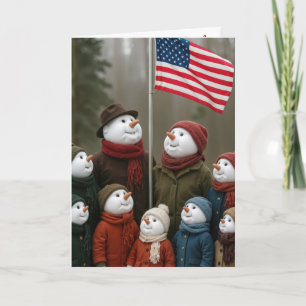 Tarjeta Navidad Patriótica Nieve Familia Con Bandera Ameri