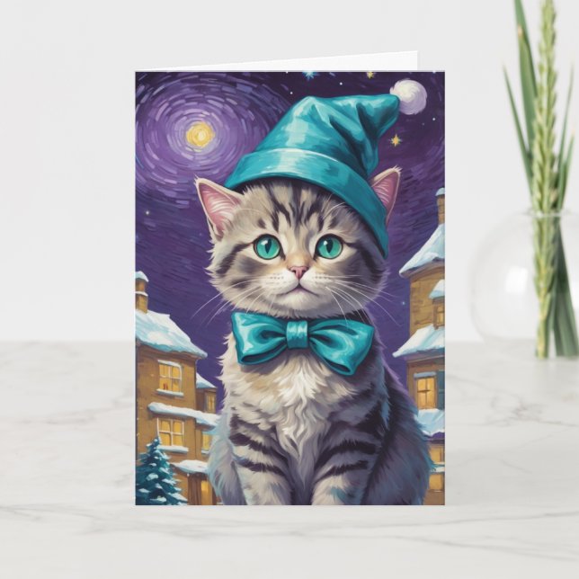 Tarjeta Navidad personalizada de gato vintage (Anverso)