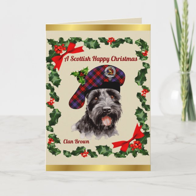 Tarjeta Navidad personalizada de perro escocés marrón (Anverso)
