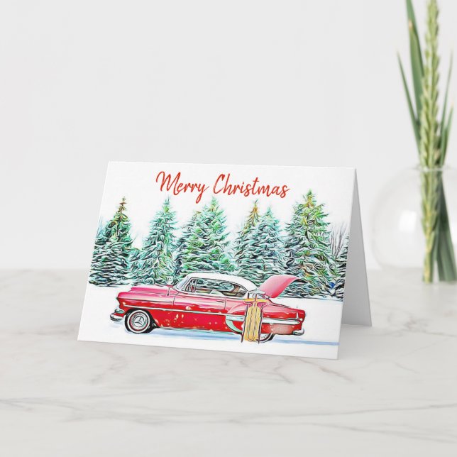 Tarjeta Navidad Personalizada Feliz Coche Antiguo y Regalo (Anverso)