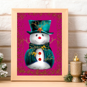 Tarjeta Navidad Rosa Muñeco de Nieve de Terciopelo Verde B