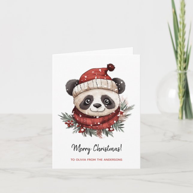 Tarjeta Navidad Rusa Panda Santa Merry (Anverso)