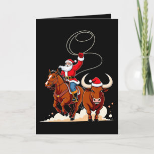 Tarjeta Navidad Santa Vaquero Lazo Montar Toro Rodeo