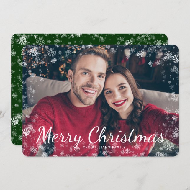 Tarjeta navidad verde de nieve para navidad (Anverso / Reverso)