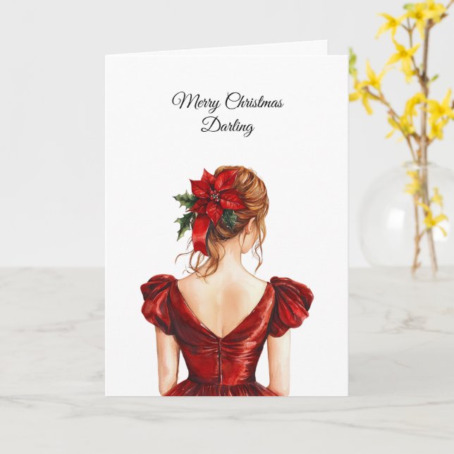Tarjeta Navidad vestido rojo femenino (flor amarilla)