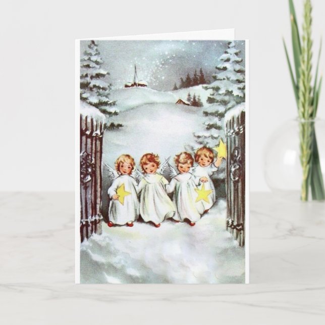 Tarjeta Navidad Vintage - Angelitos con Estrellas, (Anverso)