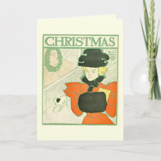 Tarjeta Navidad Vintage Edward Penfield Dama de Rojo