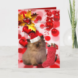 Tarjeta Navidad Xmas Gato Sombrero Corazones