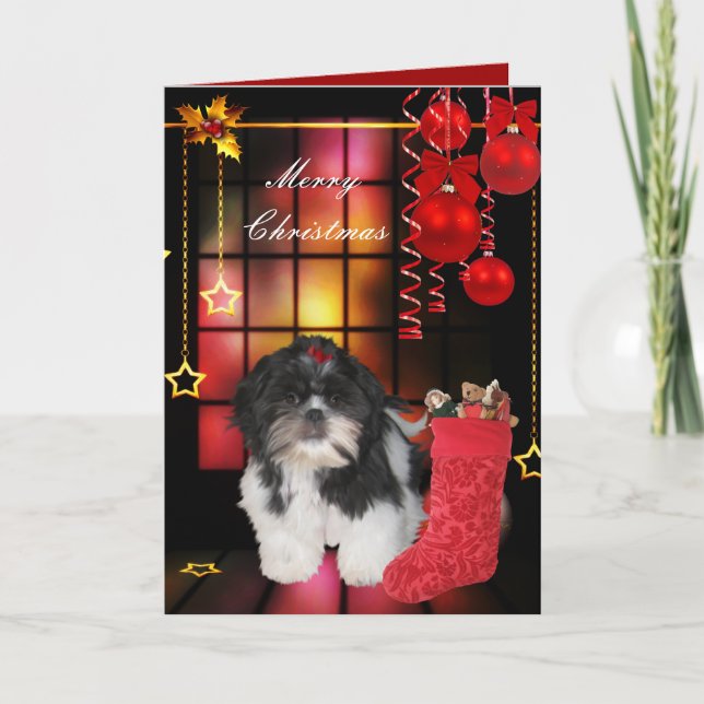 Tarjeta Navidad Xmas Perro Shitzu Cachorro (Anverso)