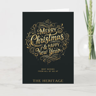 Tarjeta Navidad y Año Nuevo en negro y oro de lujo