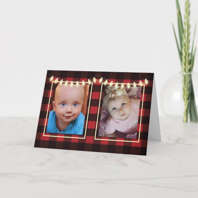 Tarjeta Navidades 2 fotos Personalizable luces rojo negro (Anverso)