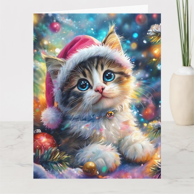 Tarjeta Navidades acuarela de gatito dulce en Gorra rosa (Anverso)
