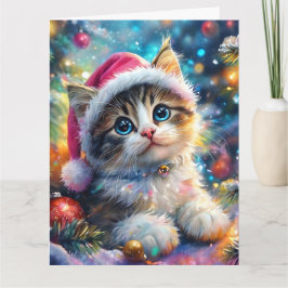 Tarjeta Navidades acuarela de gatito dulce en Gorra rosa
