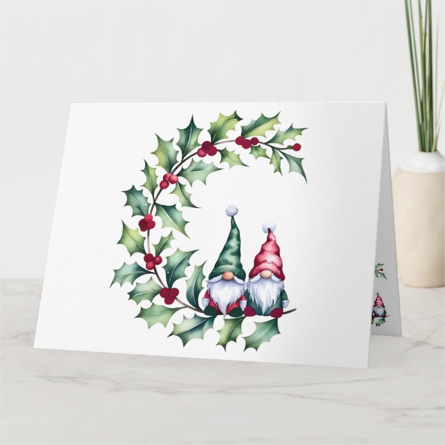 Tarjeta Navidades Acuarela Gnomes Sentados En Holly Twig (Anverso)