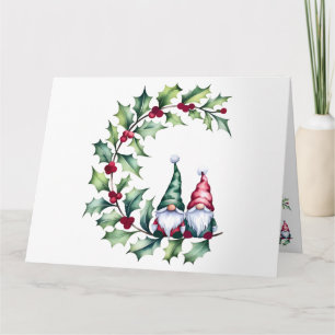 Tarjeta Navidades Acuarela Gnomes Sentados En Holly Twig