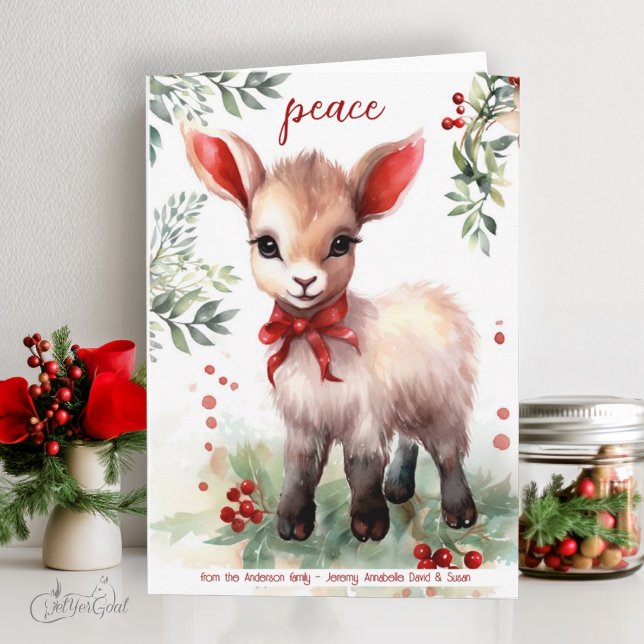 Tarjeta Navidades acuarelas Goat Baby Peace (goat lover's Christmas Cards - baby goats in watercolor - 4th in a series of 8  #zazzlemade)