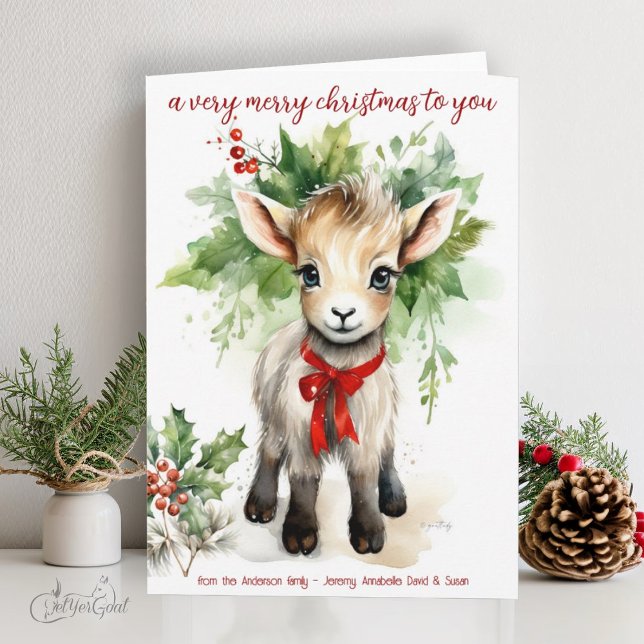Tarjeta Navidades acuáticos Goat Baby Merry Christmas (goat lover's Christmas Cards - baby goats in watercolor - 1st in a series of 8  #zazzlemade)