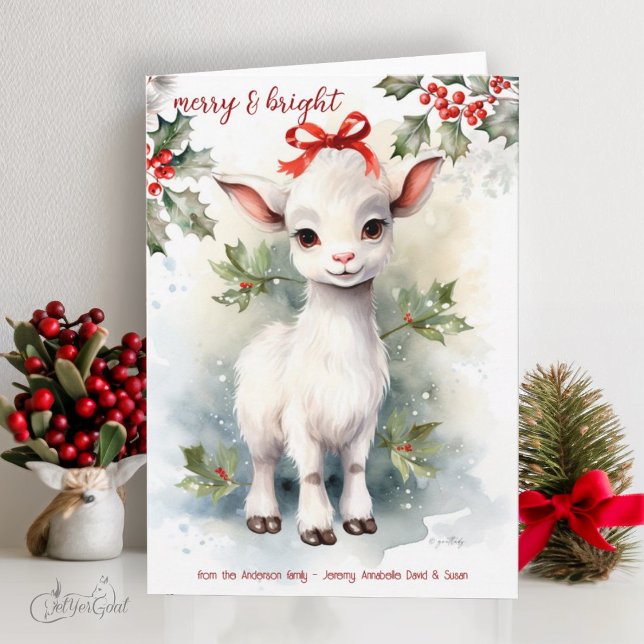 Tarjeta Navidades acuáticos Goat Baby Merry y Bright (goat lover's Christmas Cards - baby goats in watercolor - 8th in a series of 8  #zazzlemade)