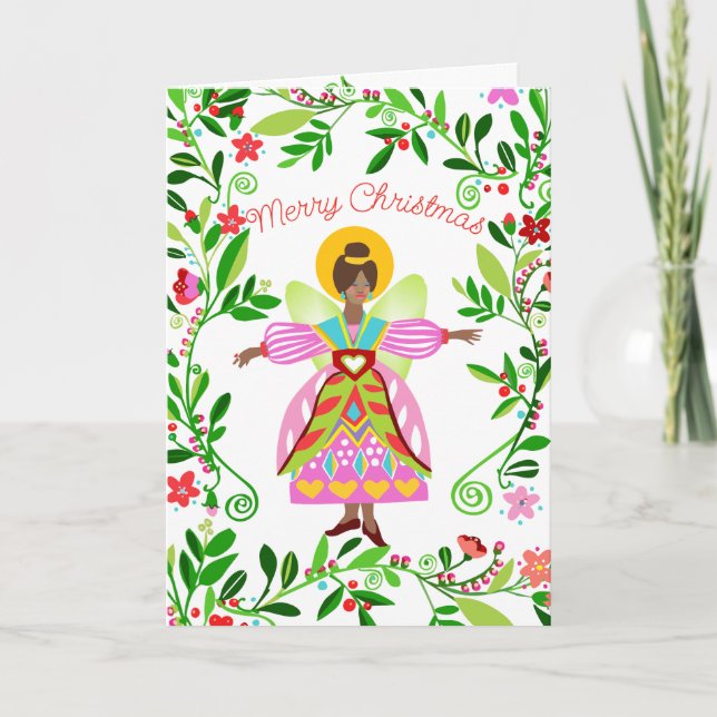 Tarjeta Navidades afroamericanos de Folk Angel festivo (Anverso)