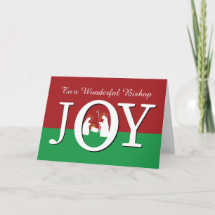 Tarjeta Navidades al obispo JOY en rojo y verde