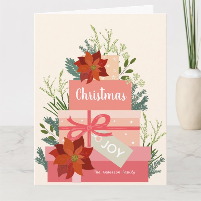 Tarjeta Navidades alegres poinsettias rojas personalizar (Anverso)