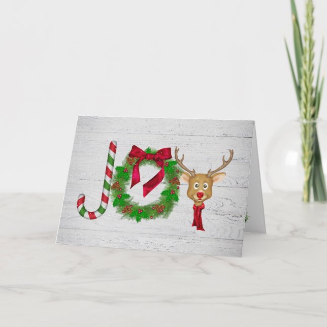 Tarjeta Navidades Alegría en madera rústica gris con copos (Anverso)